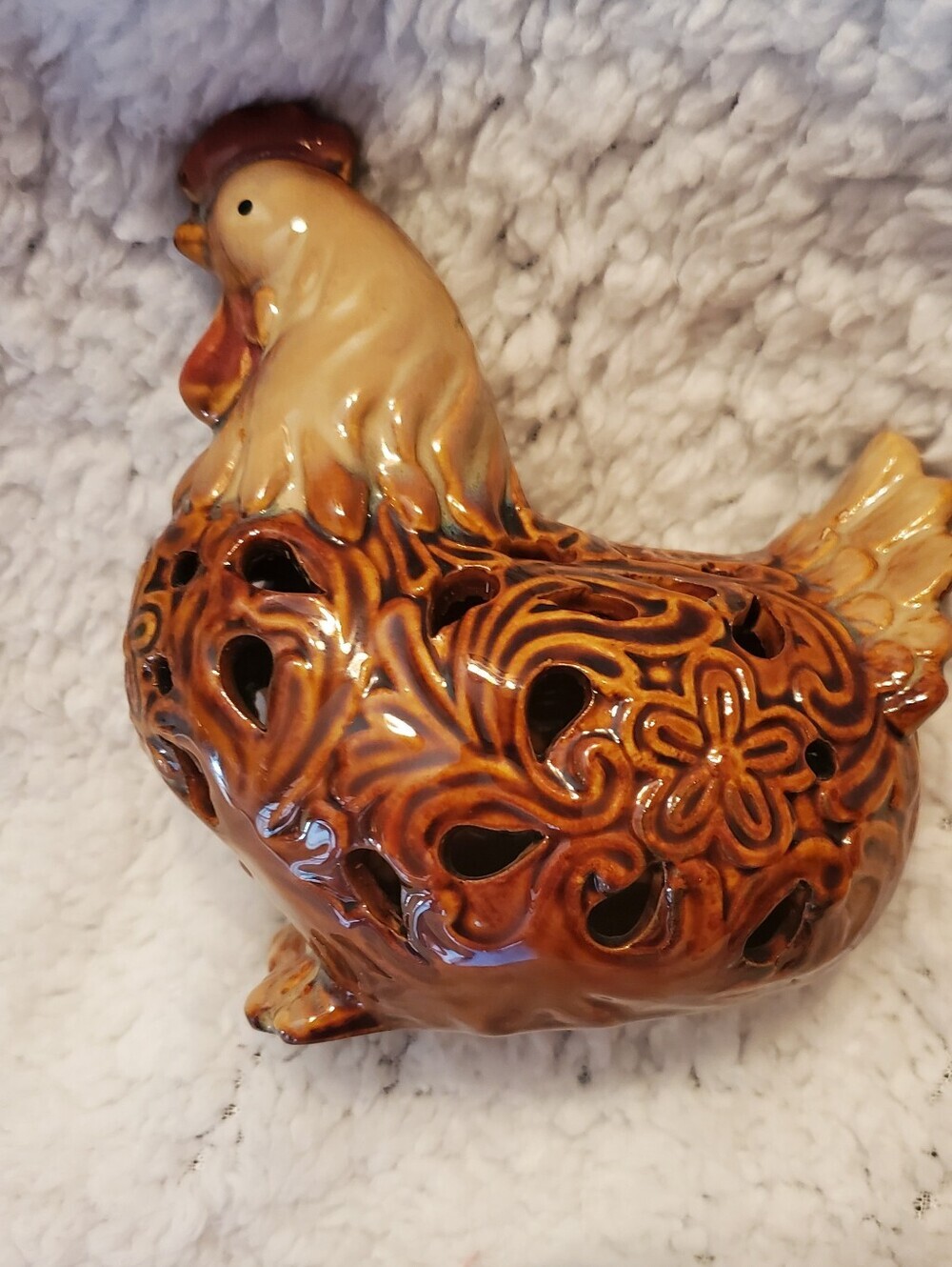 Vintage Ceramic Chicken Brown Red Heavy Glaze Farmhouse Country